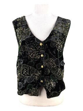 Vintage Jane Ashley Jeetish Women's L Black Velvet Vest Embroidered Glitter NWT